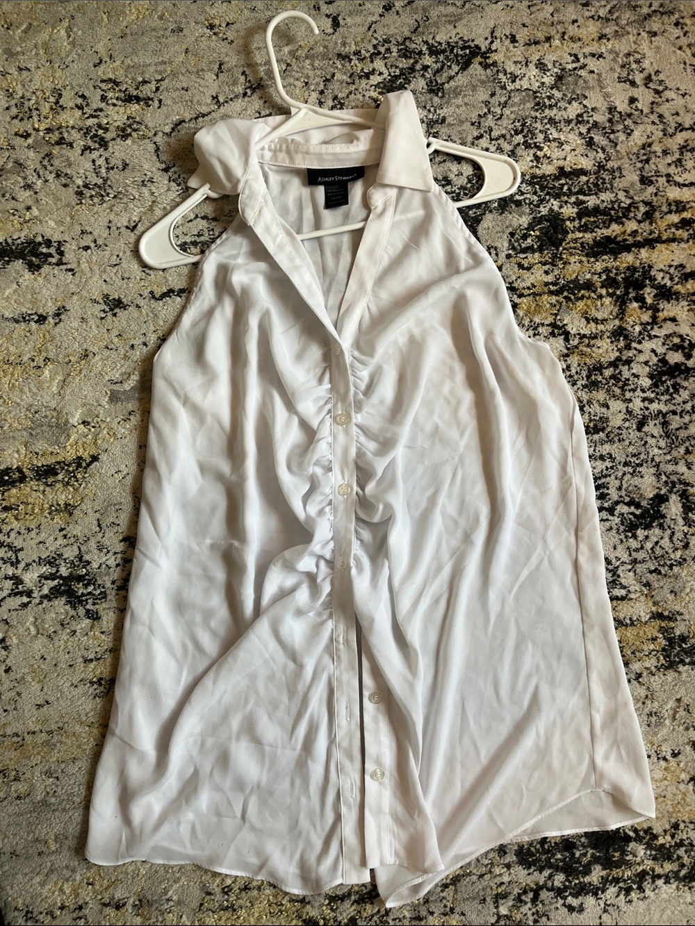 Ashley Stewart White Sleeveless Ruffle-Front Collared Blouse